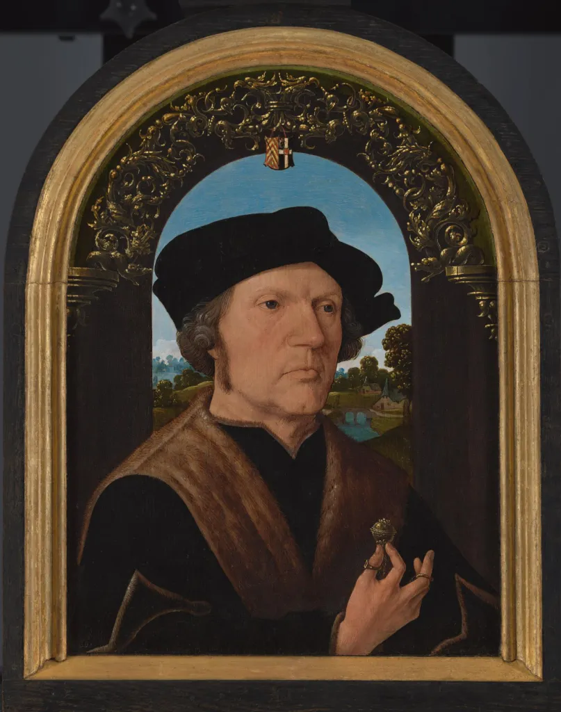 Portret van Jan Gerritsz van Egmond met een gebedsnoot tussen zijn vingers, atelier van Jacob Cornelisz van Oostsanen